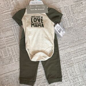 NWT Baby Essentials Beige & Olive Baby Boy 2-Piece Outfit